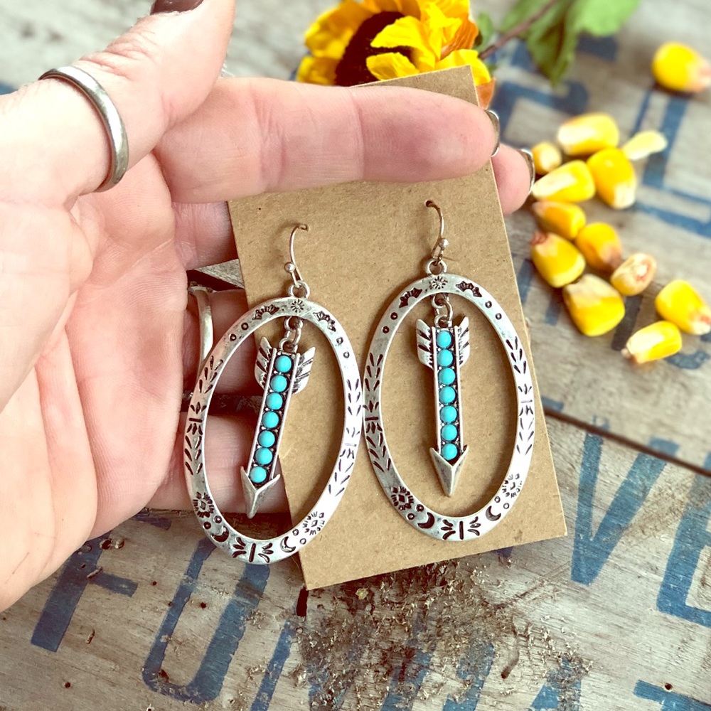 Silver turquoise dangle western arrow earrings